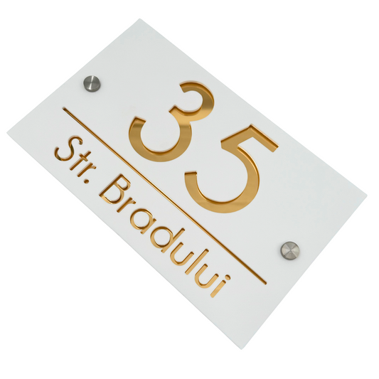 PREMIUM HOUSE NUMBER - White Satin Gold Mirror 2 Spacers Silver - 24×15 cm