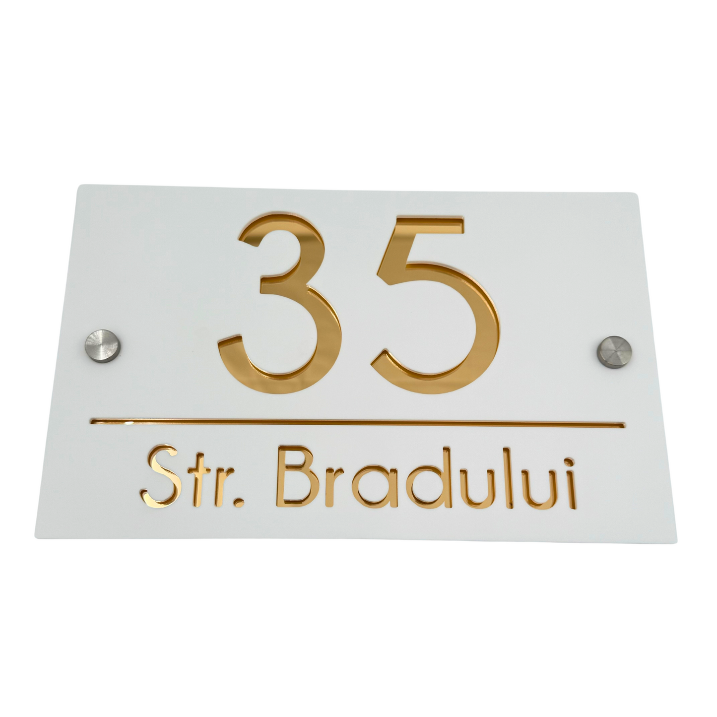 PREMIUM HOUSE NUMBER - White Satin Gold Mirror 2 Spacers Silver - 24×15 cm