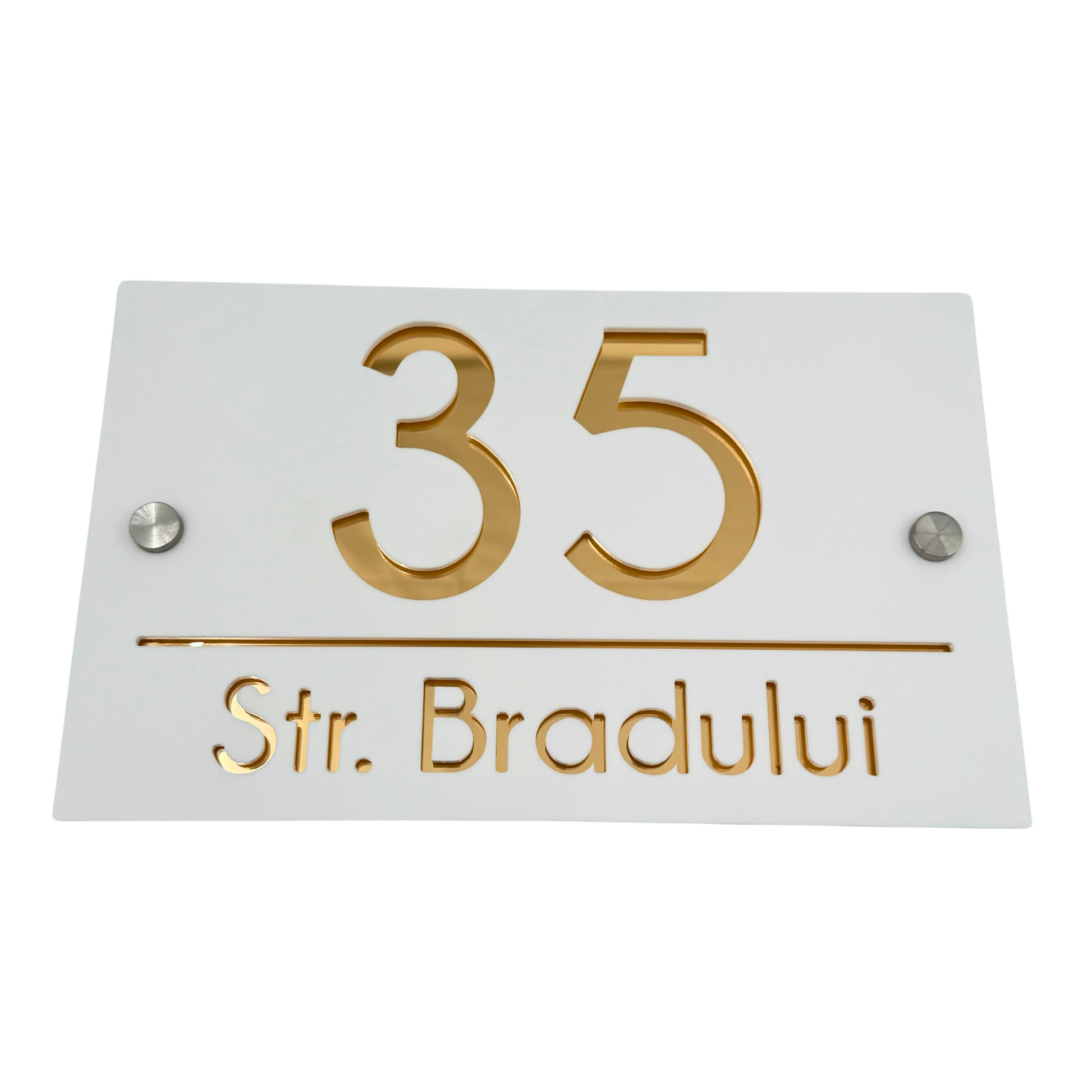 PREMIUM HOUSE NUMBER - White Satin Gold Mirror 2 Spacers Silver - 24×15 cm
