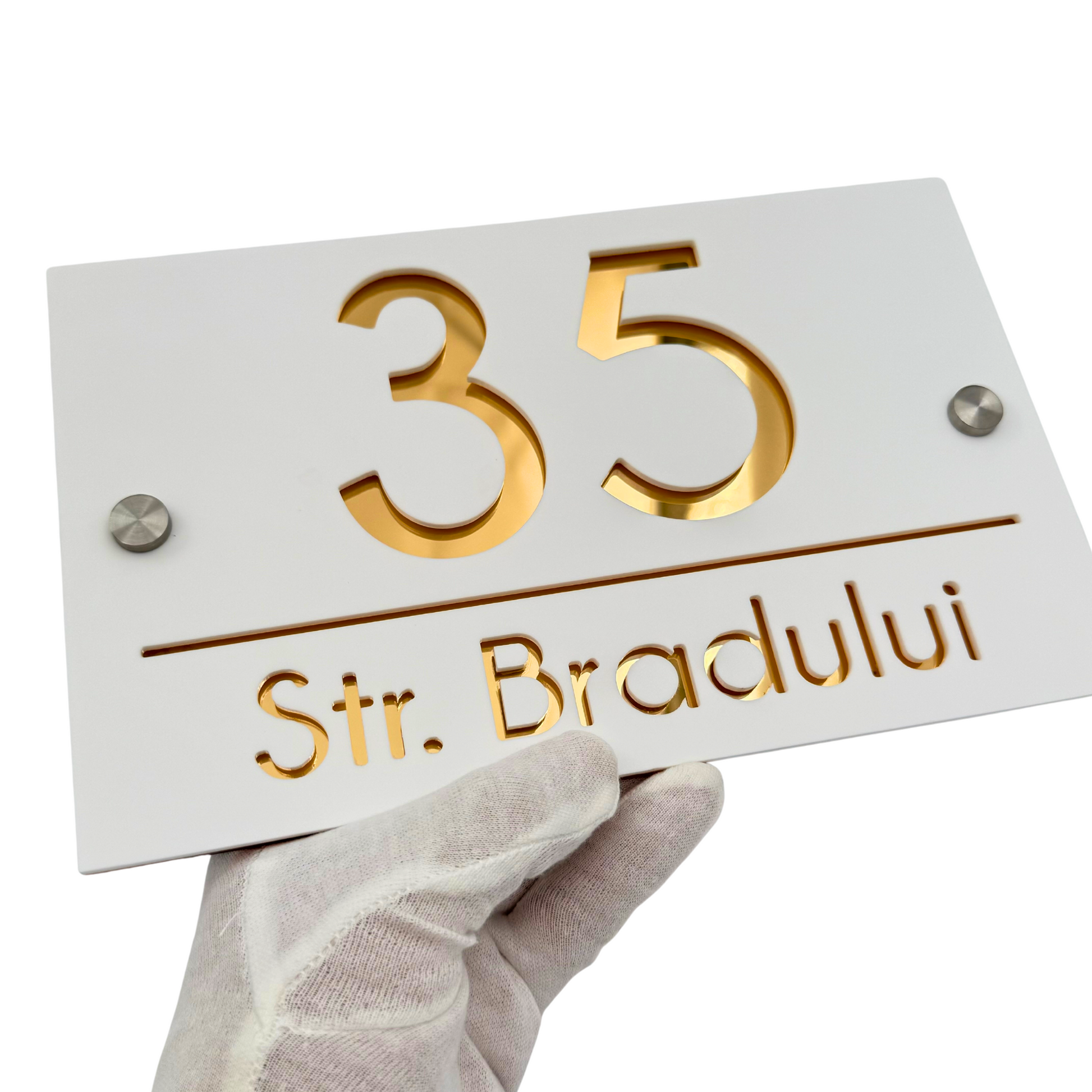 PREMIUM HOUSE NUMBER - White Satin Gold Mirror 2 Spacers Silver - 24×15 cm