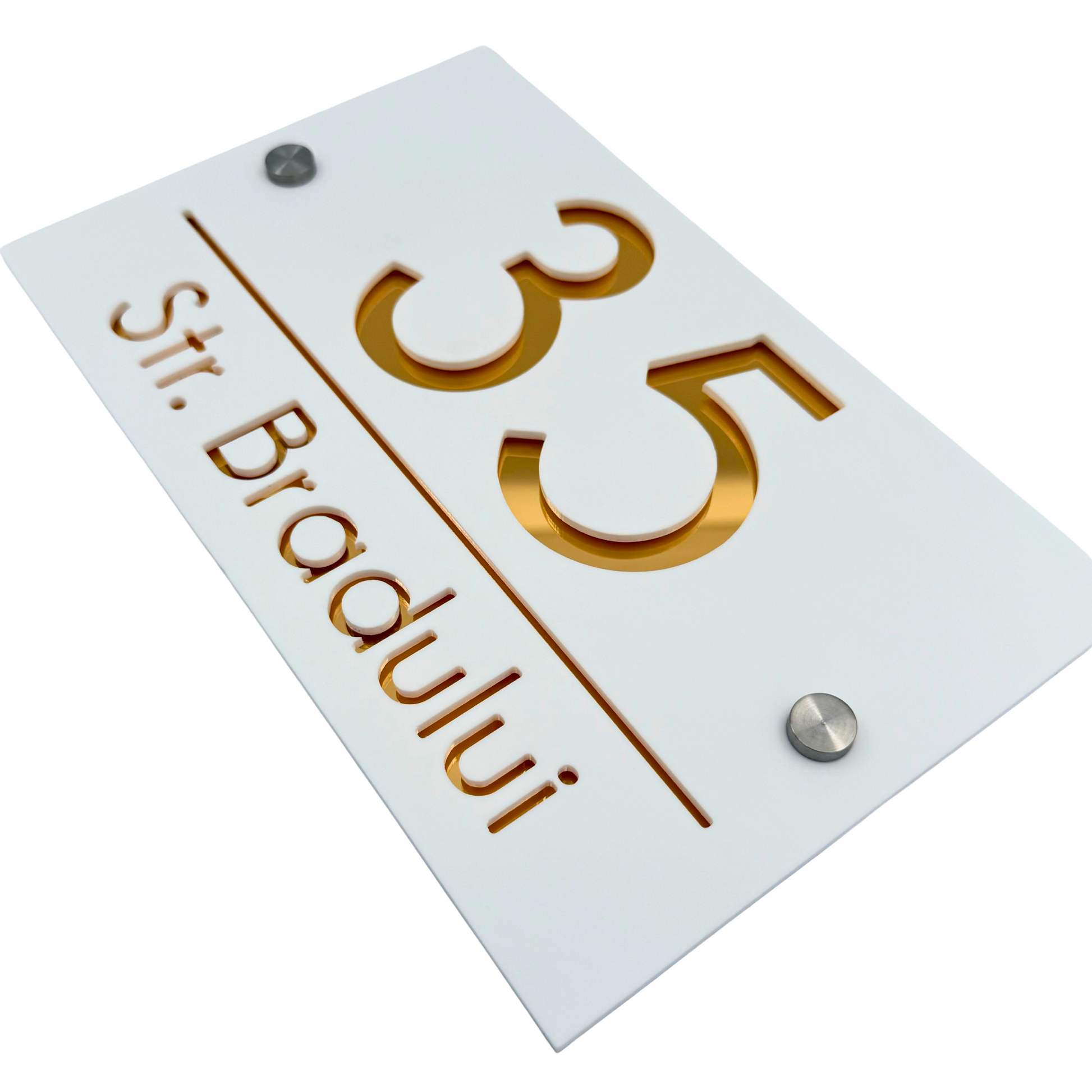 PREMIUM HOUSE NUMBER - White Satin Gold Mirror 2 Spacers Silver - 24×15 cm