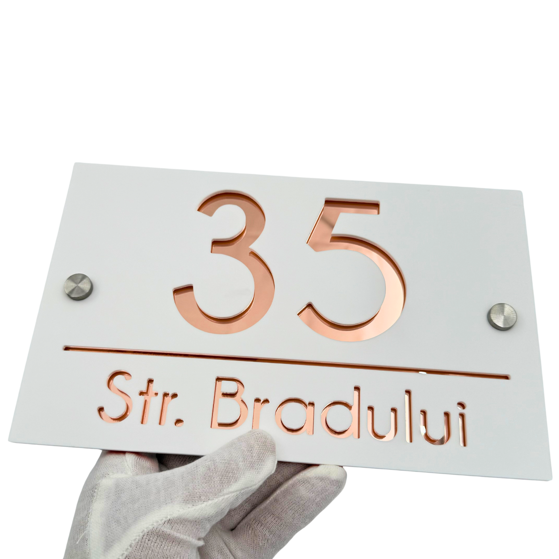 PREMIUM HOUSE NUMBER - White Satin Rose Gold Mirror 2 Spacers Silver - 24×15 cm