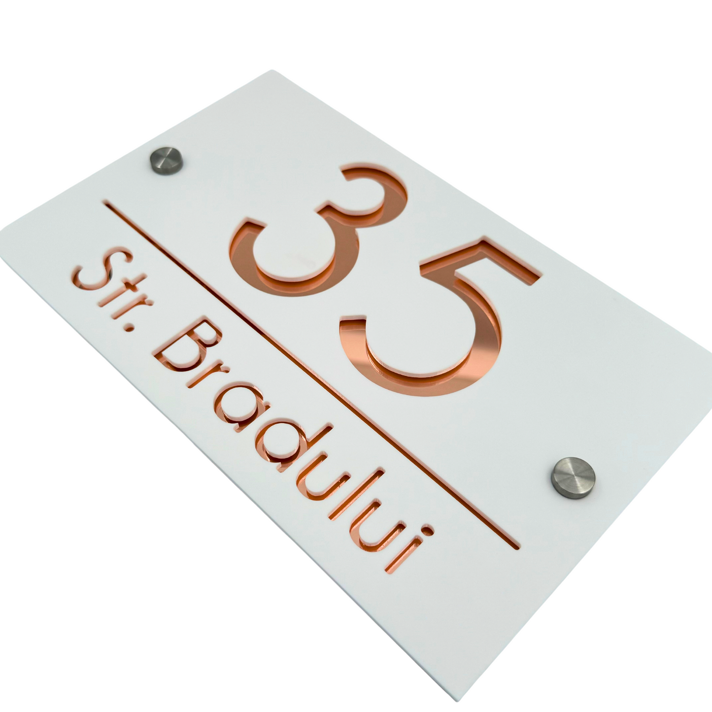 PREMIUM HOUSE NUMBER - White Satin Rose Gold Mirror 2 Spacers Silver - 24×15 cm