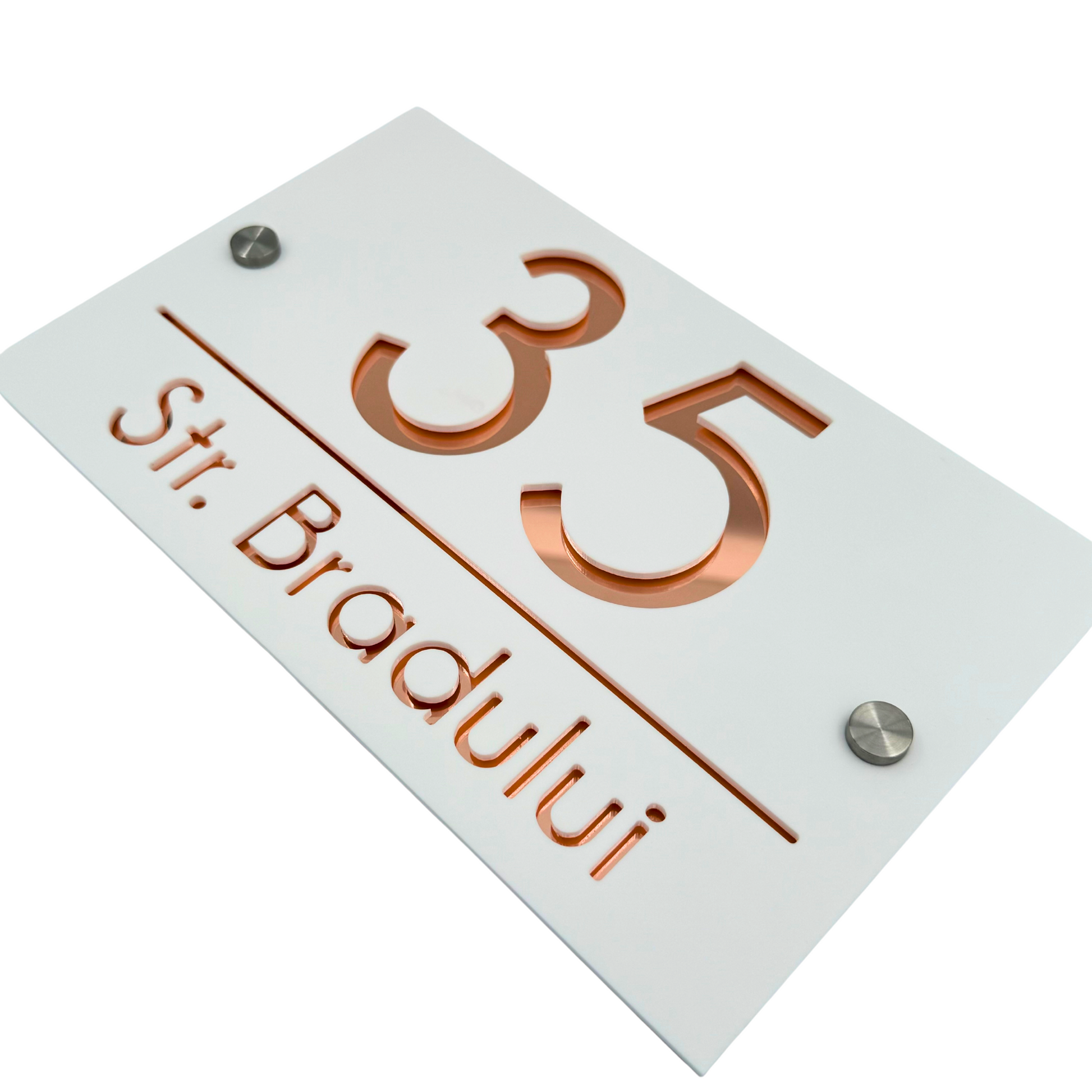 PREMIUM HOUSE NUMBER - White Satin Rose Gold Mirror 2 Spacers Silver - 24×15 cm