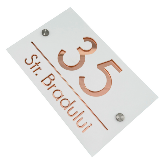 PREMIUM HOUSE NUMBER - White Satin Rose Gold Mirror 2 Spacers Silver - 24×15 cm