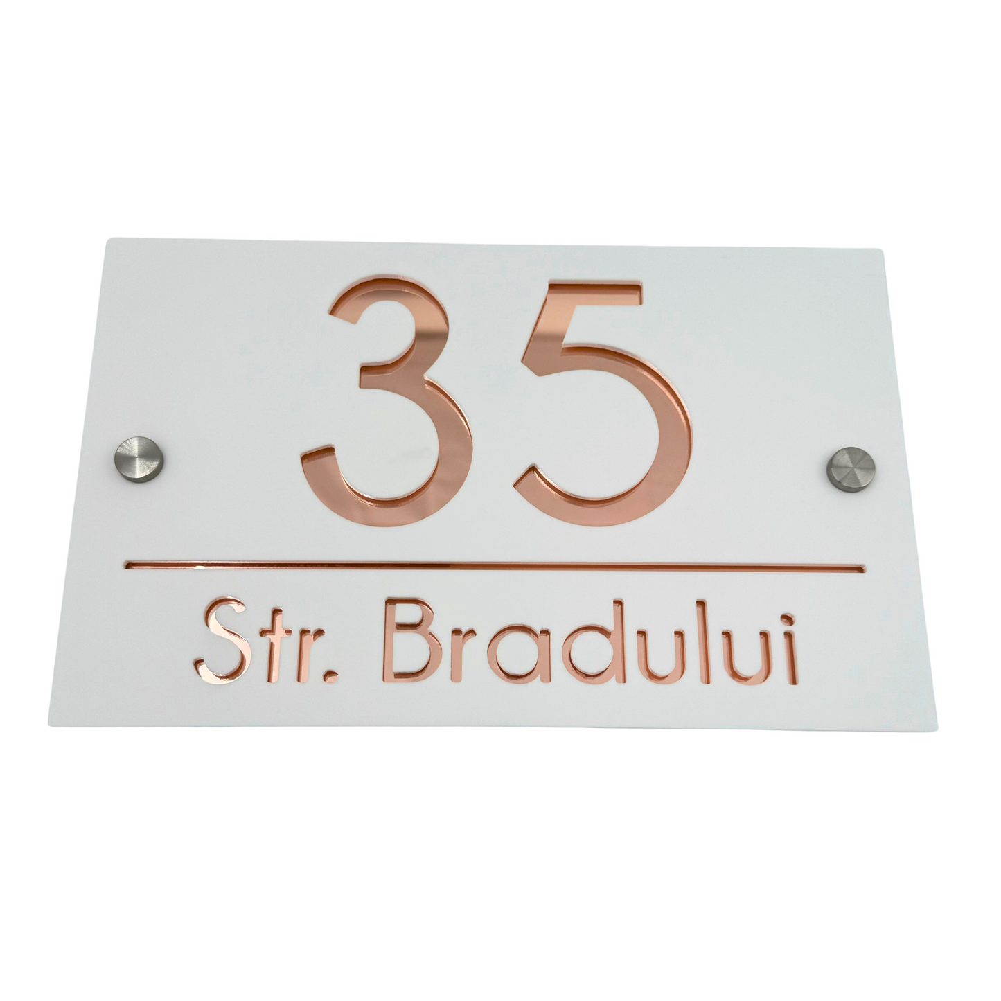PREMIUM HOUSE NUMBER - White Satin Rose Gold Mirror 2 Spacers Silver - 24×15 cm
