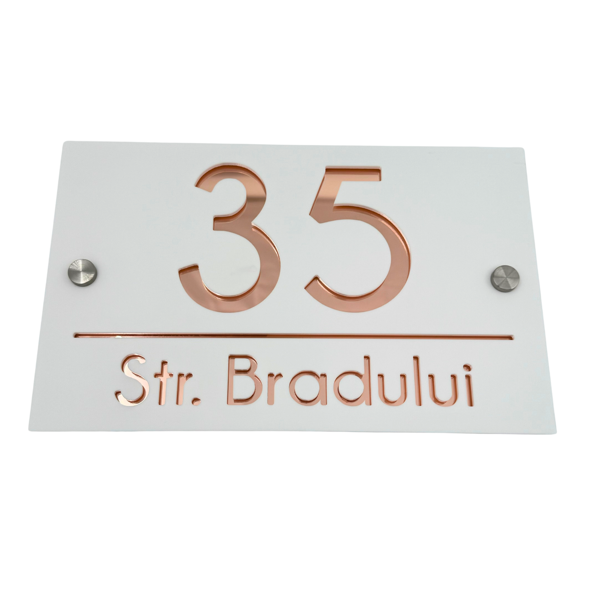 PREMIUM HOUSE NUMBER - White Satin Rose Gold Mirror 2 Spacers Silver - 24×15 cm