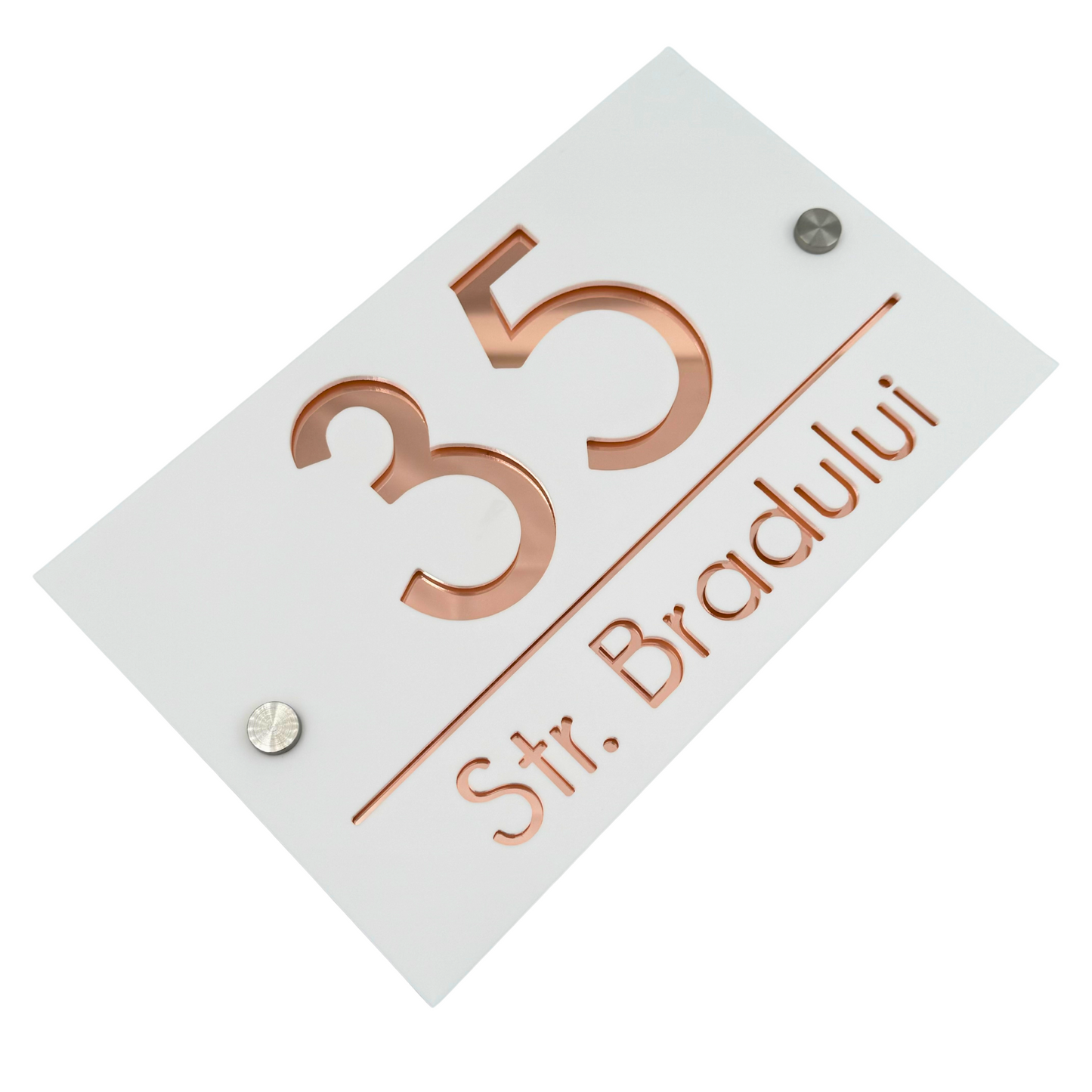 PREMIUM HOUSE NUMBER - White Satin Rose Gold Mirror 2 Spacers Silver - 24×15 cm