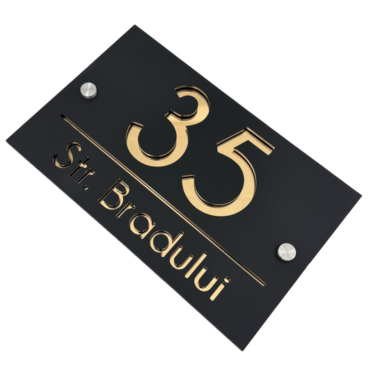 PREMIUM HOUSE NUMBER - Satin Black Gold Mirror 2 Spacers Silver - 24×15 cm