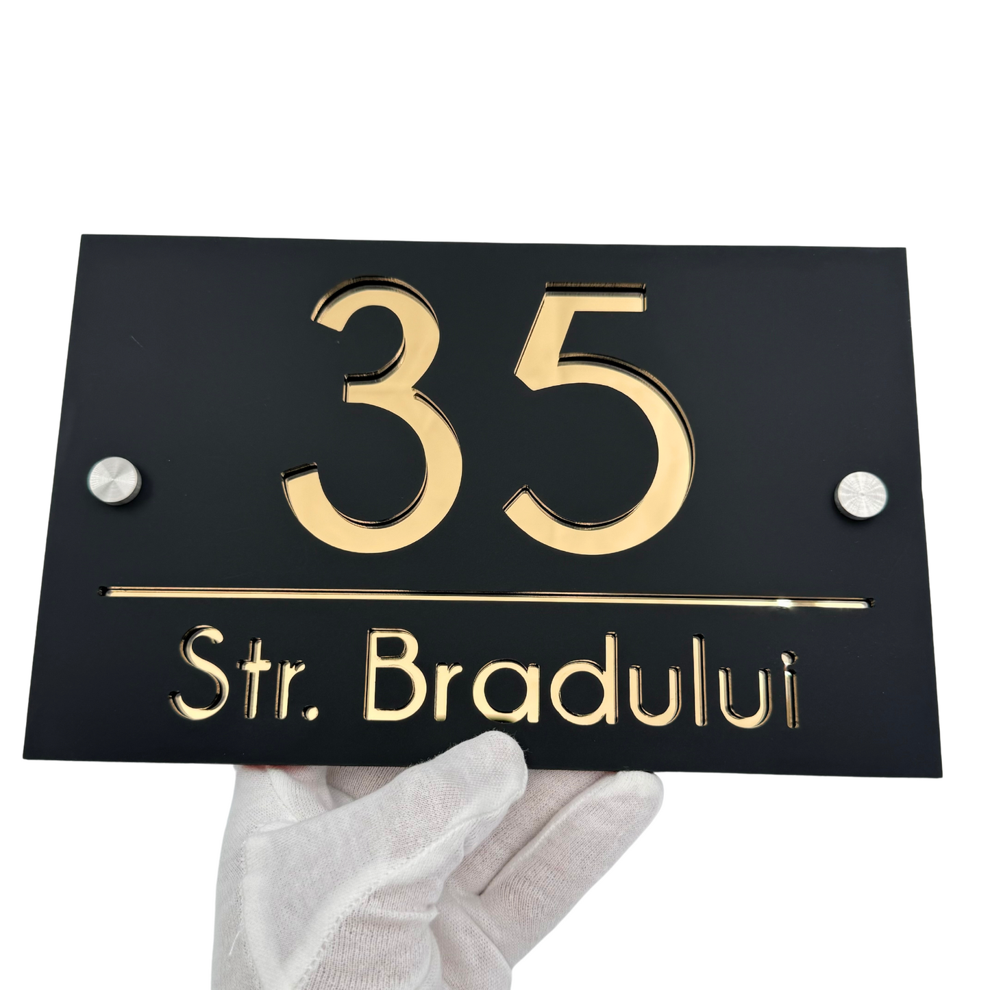 PREMIUM HOUSE NUMBER - Satin Black Gold Mirror 2 Spacers Silver - 24×15 cm