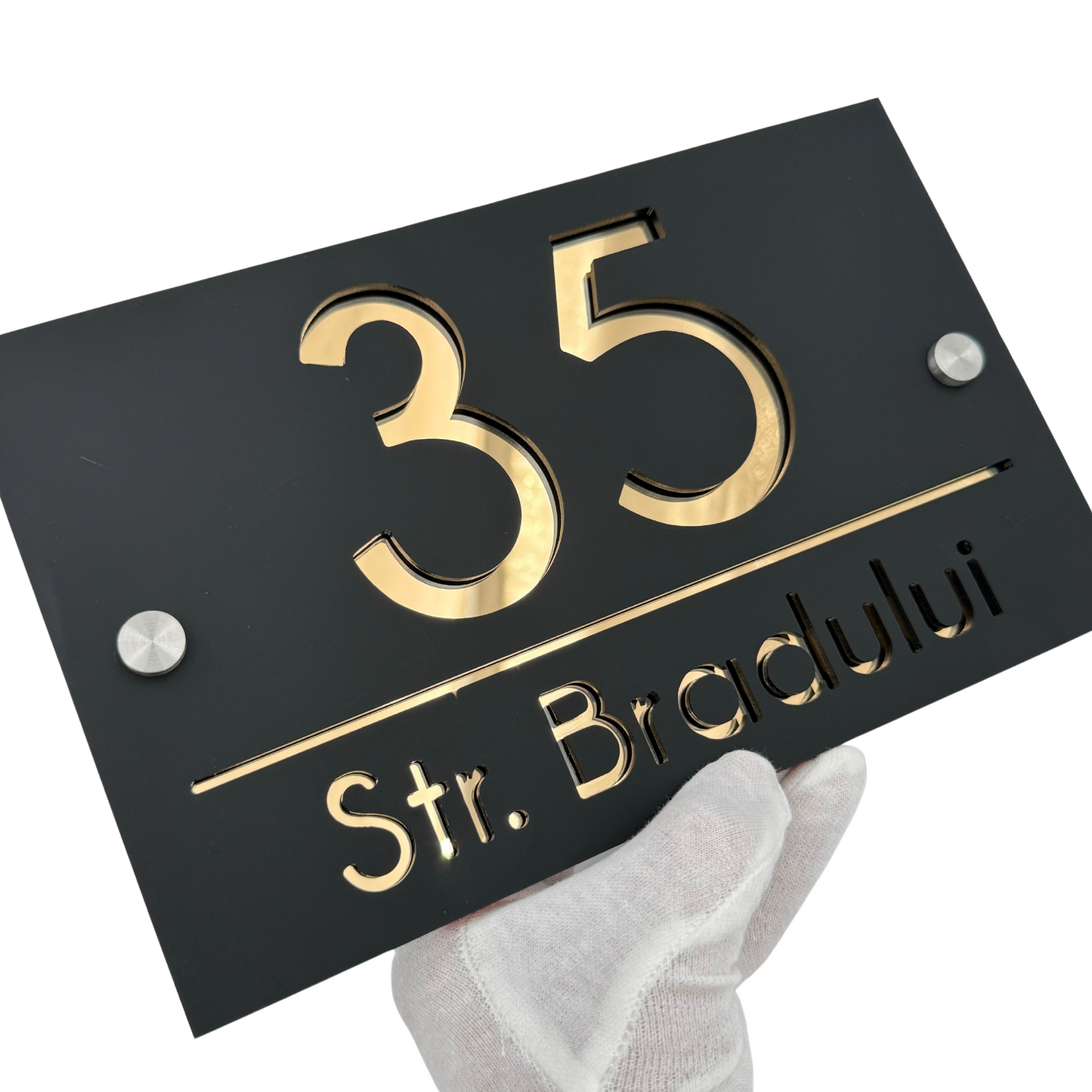PREMIUM HOUSE NUMBER - Satin Black Gold Mirror 2 Spacers Silver - 24×15 cm
