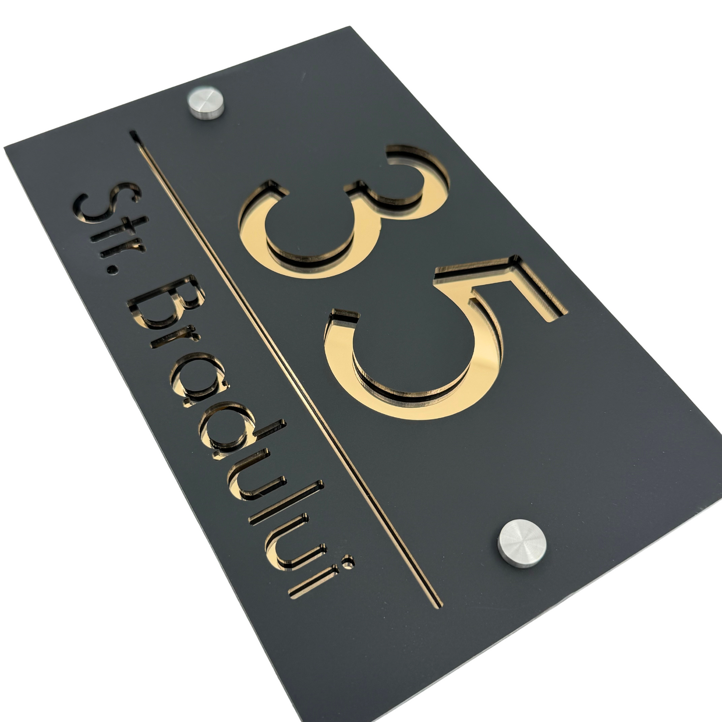 PREMIUM HOUSE NUMBER - Satin Black Gold Mirror 2 Spacers Silver - 24×15 cm