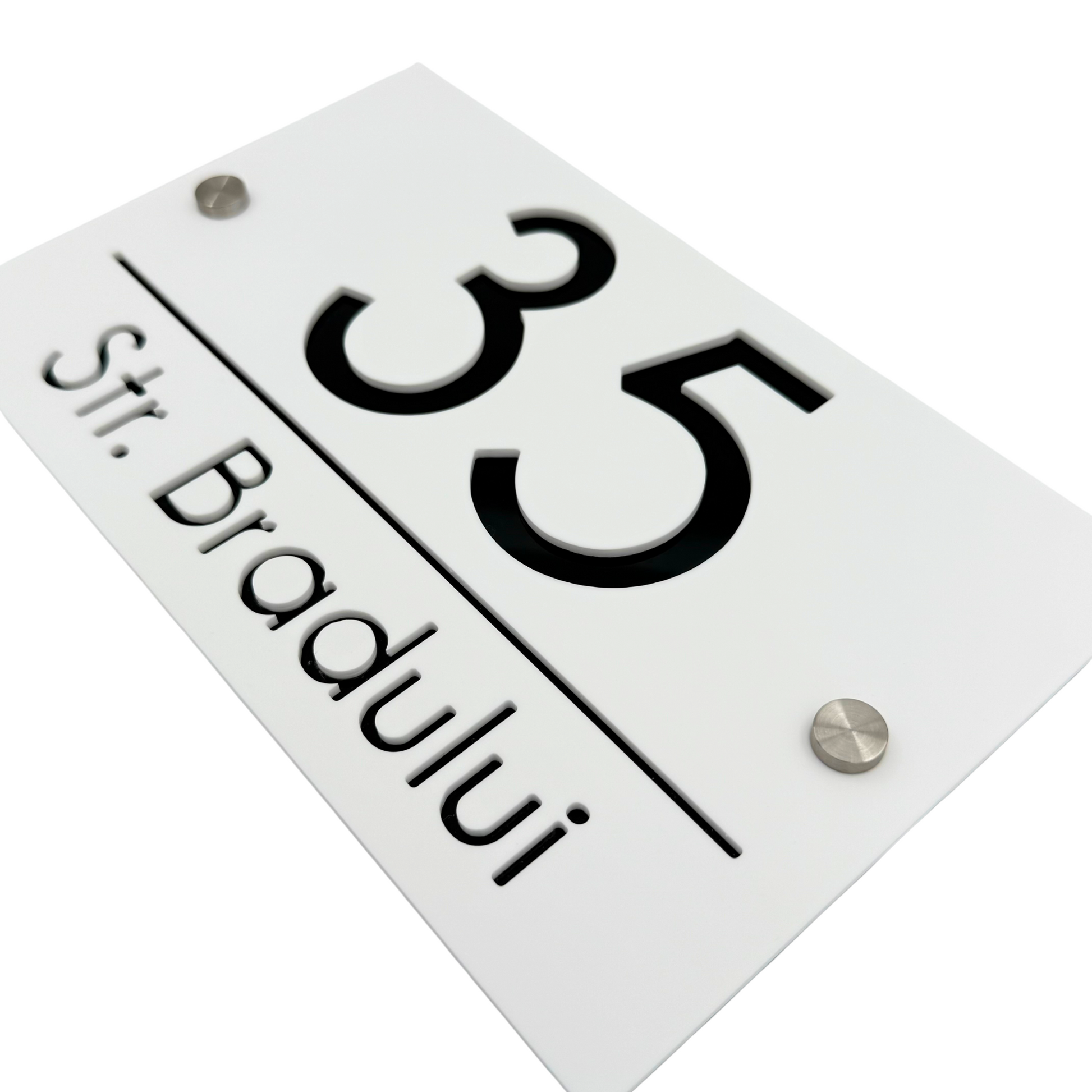 PREMIUM HOUSE NUMBER - White Satin Glossy Black 2 Spacers Silver - 24×15 cm
