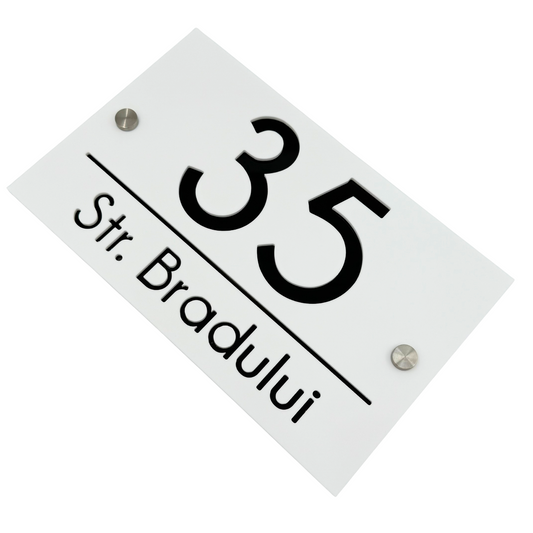 PREMIUM HOUSE NUMBER - White Satin Glossy Black 2 Spacers Silver - 24×15 cm