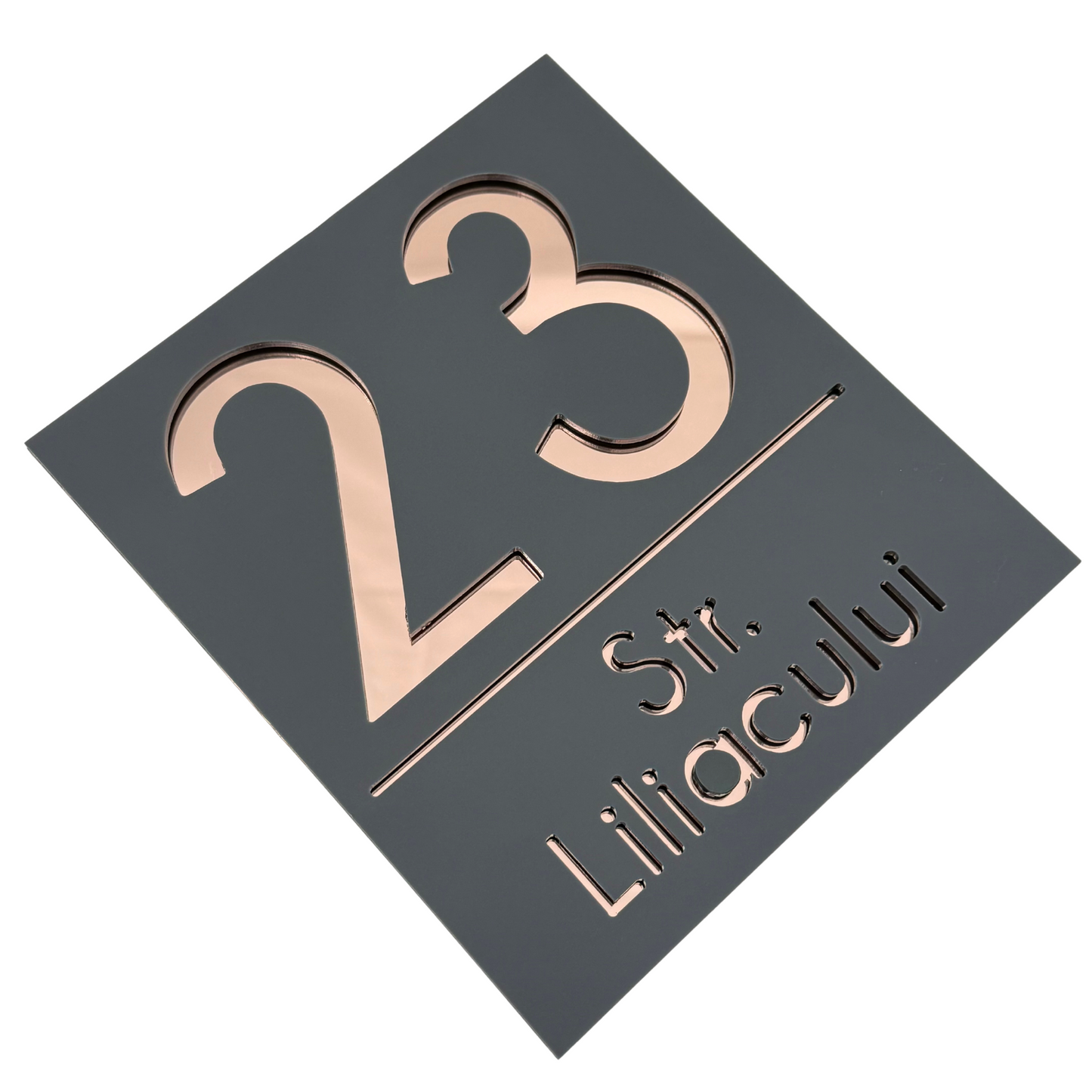PREMIUM HOUSE NUMBER - Satin Grey Rose Gold Mirror - 18×16 cm