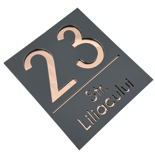 PREMIUM HOUSE NUMBER - Satin Grey Rose Gold Mirror - 18×16 cm