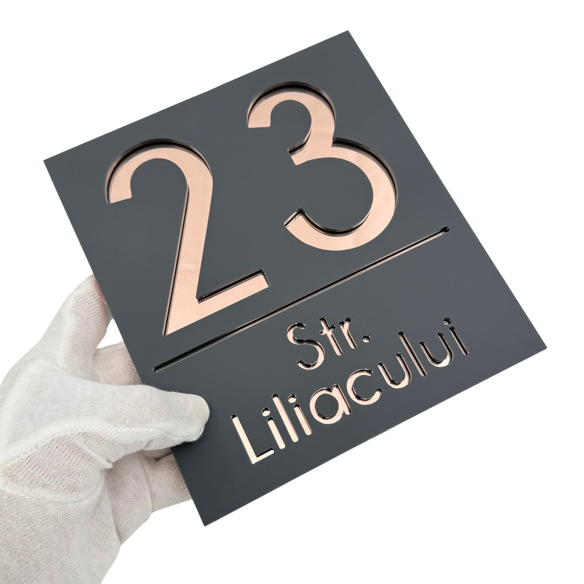 PREMIUM HOUSE NUMBER - Satin Grey Rose Gold Mirror - 18×16 cm