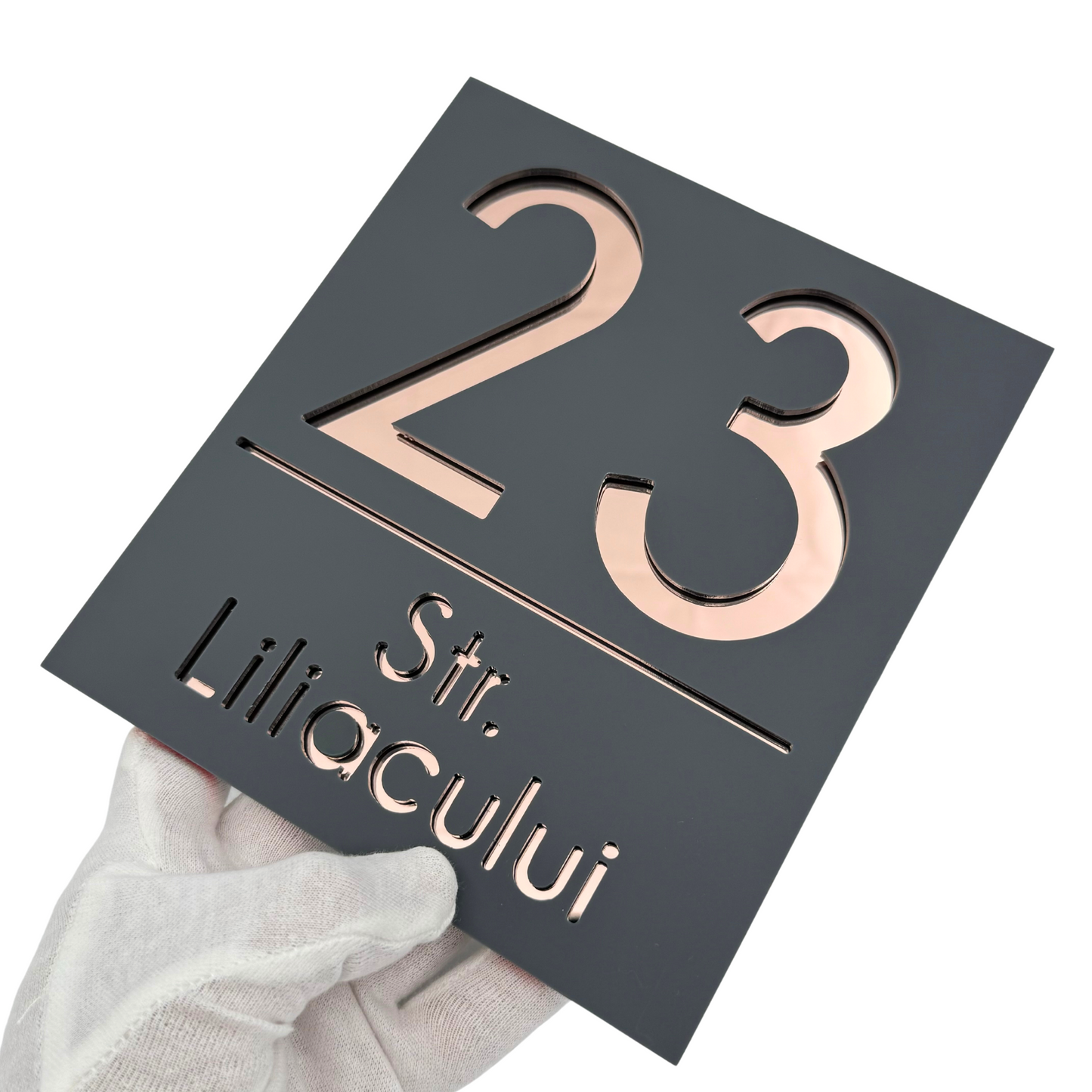 PREMIUM HOUSE NUMBER - Satin Grey Rose Gold Mirror - 18×16 cm