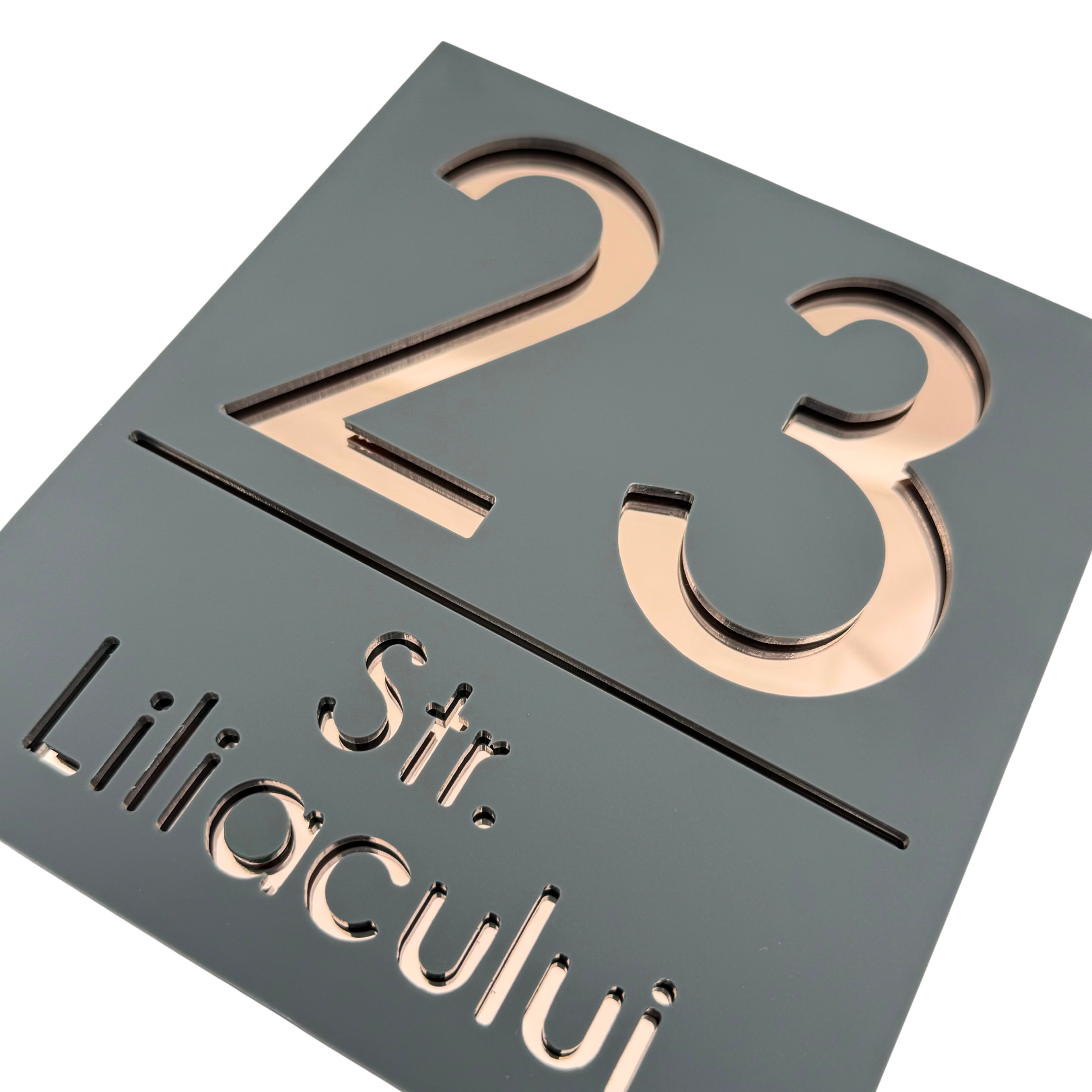 PREMIUM HOUSE NUMBER - Satin Grey Rose Gold Mirror - 18×16 cm