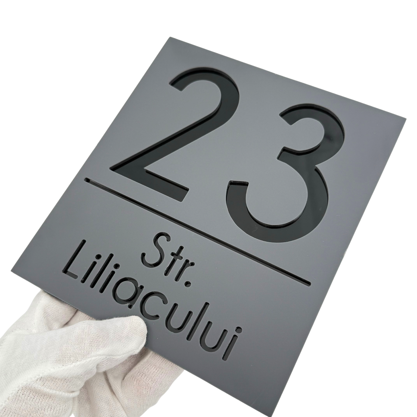 PREMIUM HOUSE NUMBER - Satin Grey Glossy Black - 18×16 cm