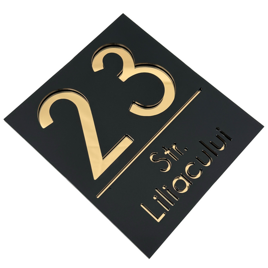 PREMIUM HOUSE NUMBER - Satin Black Gold Mirror - 18×16 cm