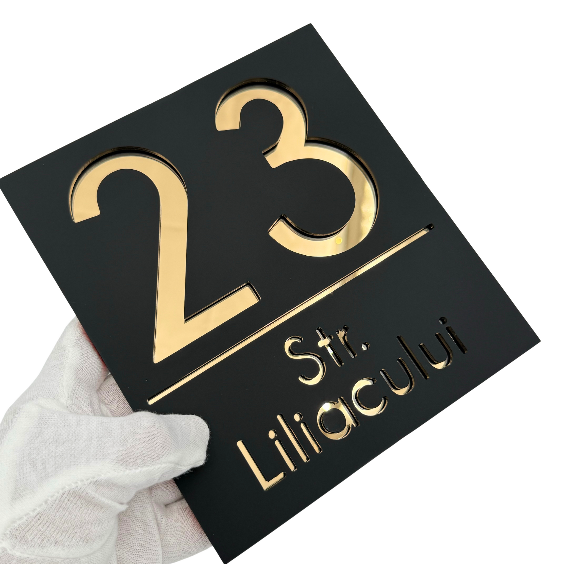 PREMIUM HOUSE NUMBER - Satin Black Gold Mirror - 18×16 cm