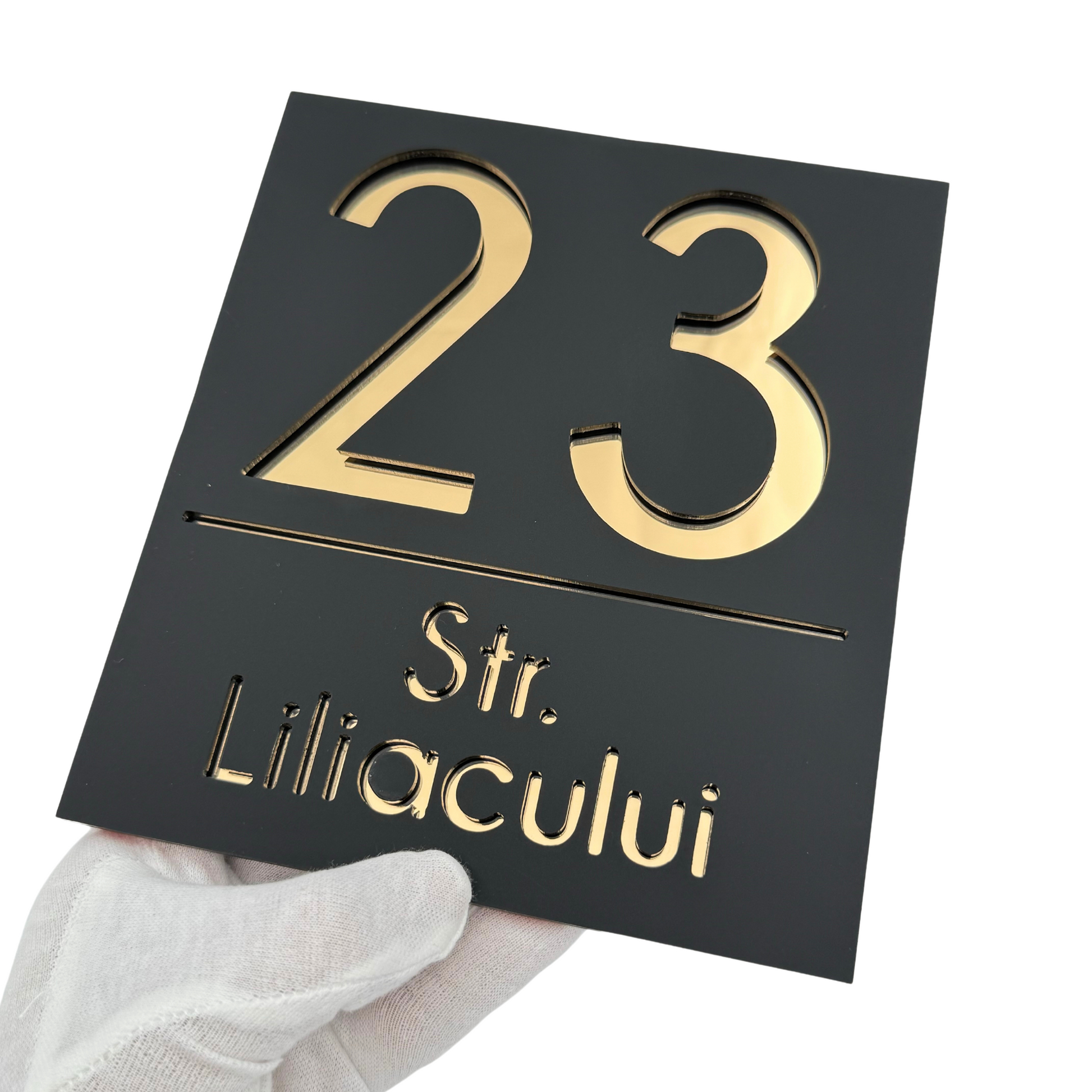 PREMIUM HOUSE NUMBER - Satin Black Gold Mirror - 18×16 cm