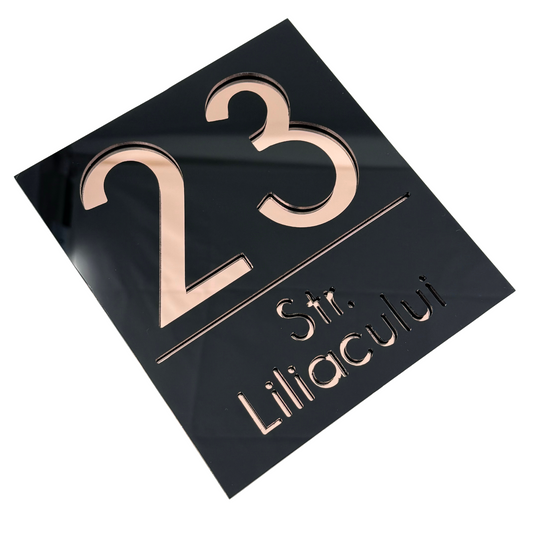 PREMIUM HOUSE NUMBER - Glossy Black Rose Gold Mirror - 18×16 cm