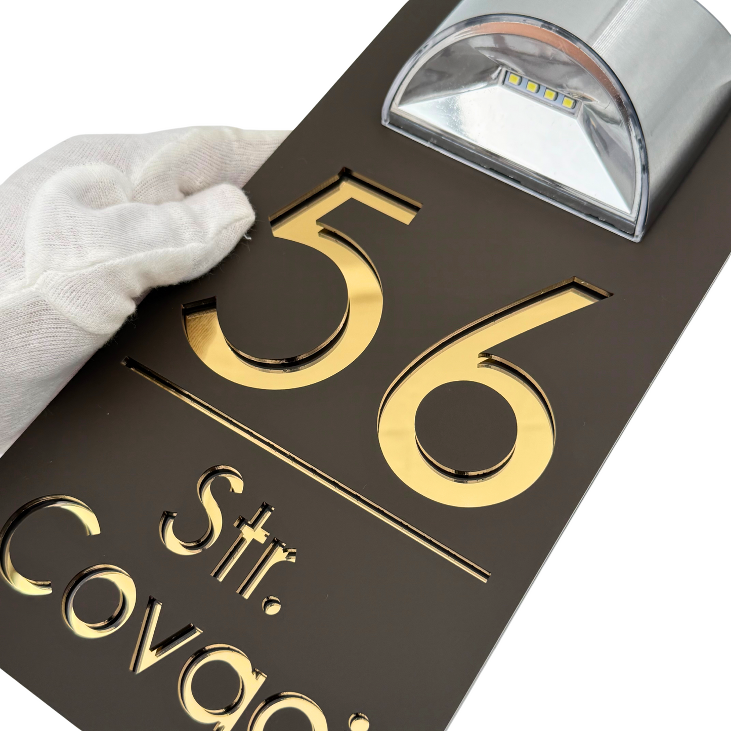 PREMIUM HOUSE NUMBER – Satin Brown Gold Mirror Solar Lamp – 30 x15 cm