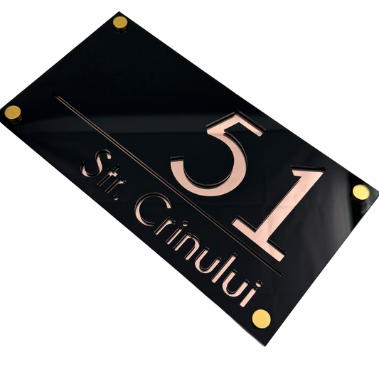PREMIUM HOUSE NUMBER - Glossy Black Rose Gold Mirror 4 Spacers Gold - 28×15 cm
