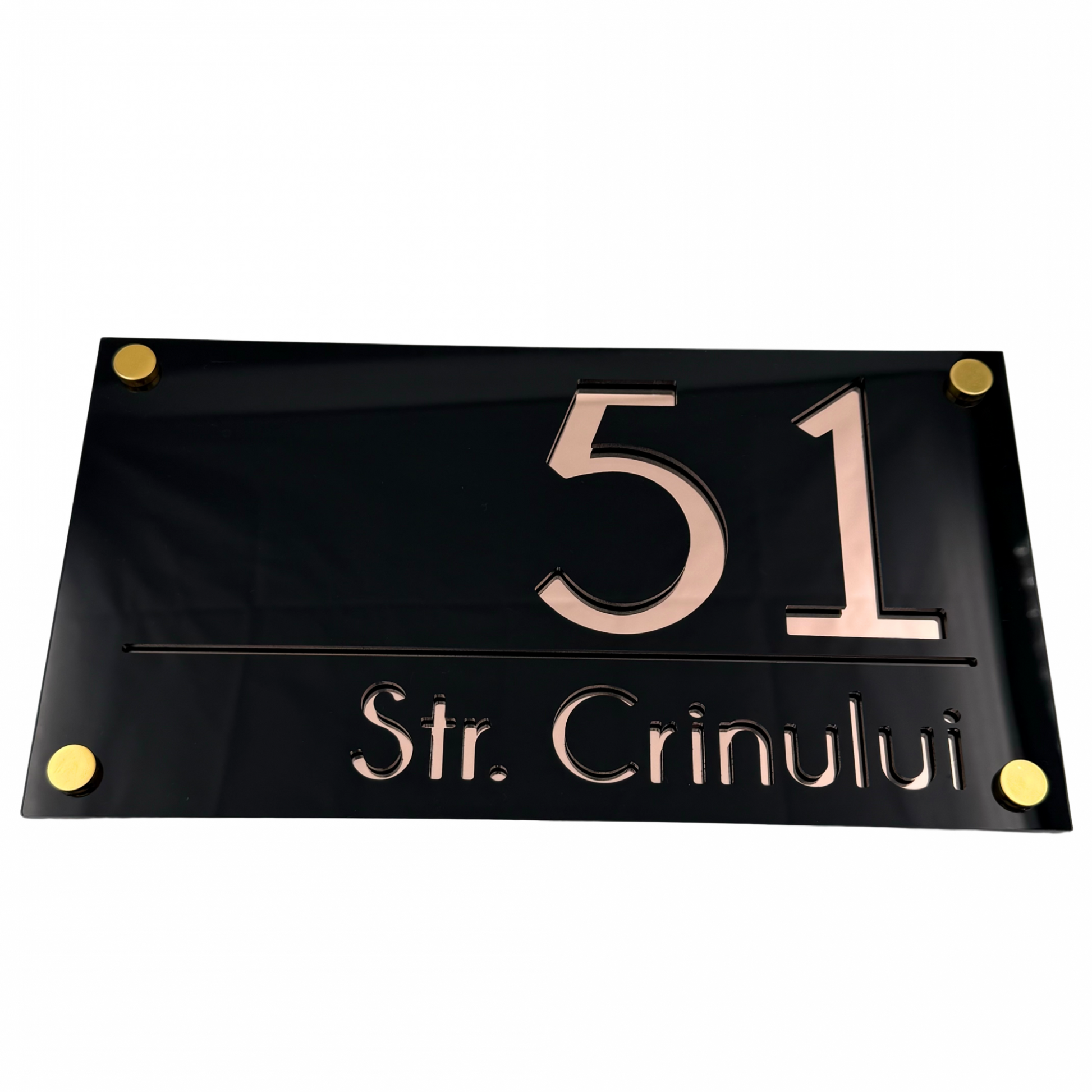 PREMIUM HOUSE NUMBER - Glossy Black Rose Gold Mirror 4 Spacers Gold - 28×15 cm