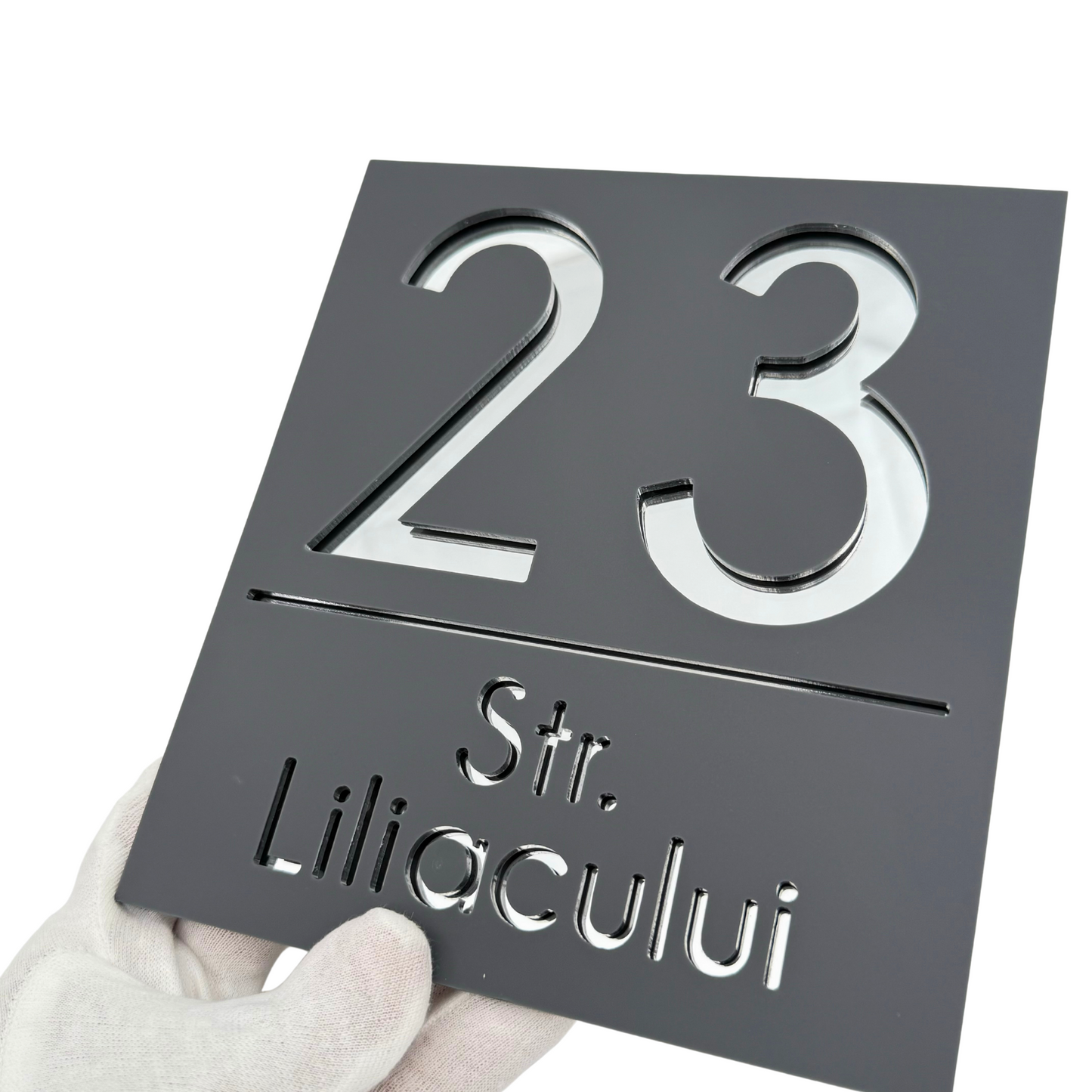 PREMIUM HOUSE NUMBER - Satin Grey Silver Mirror - 18×16 cm
