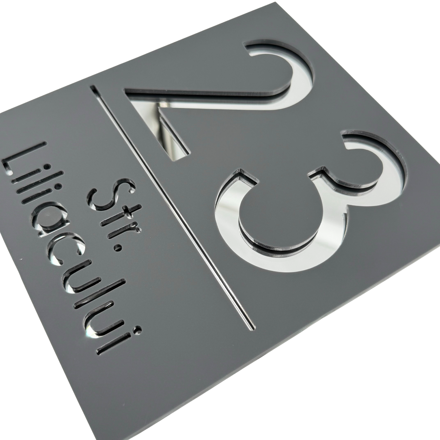 PREMIUM HOUSE NUMBER - Satin Grey Silver Mirror - 18×16 cm