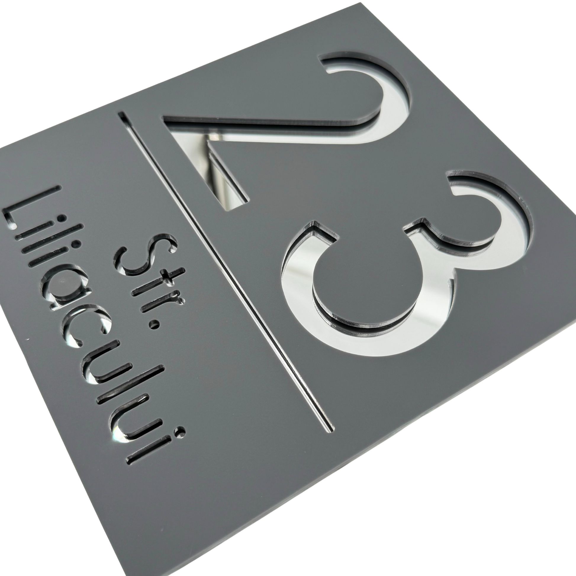 PREMIUM HOUSE NUMBER - Satin Grey Silver Mirror - 18×16 cm