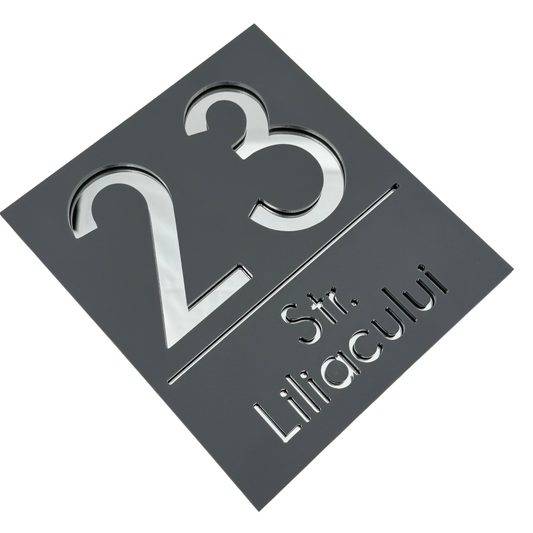 PREMIUM HOUSE NUMBER - Satin Grey Silver Mirror - 18×16 cm