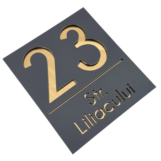 PREMIUM HOUSE NUMBER - Satin Grey Gold Mirror - 18×16 cm