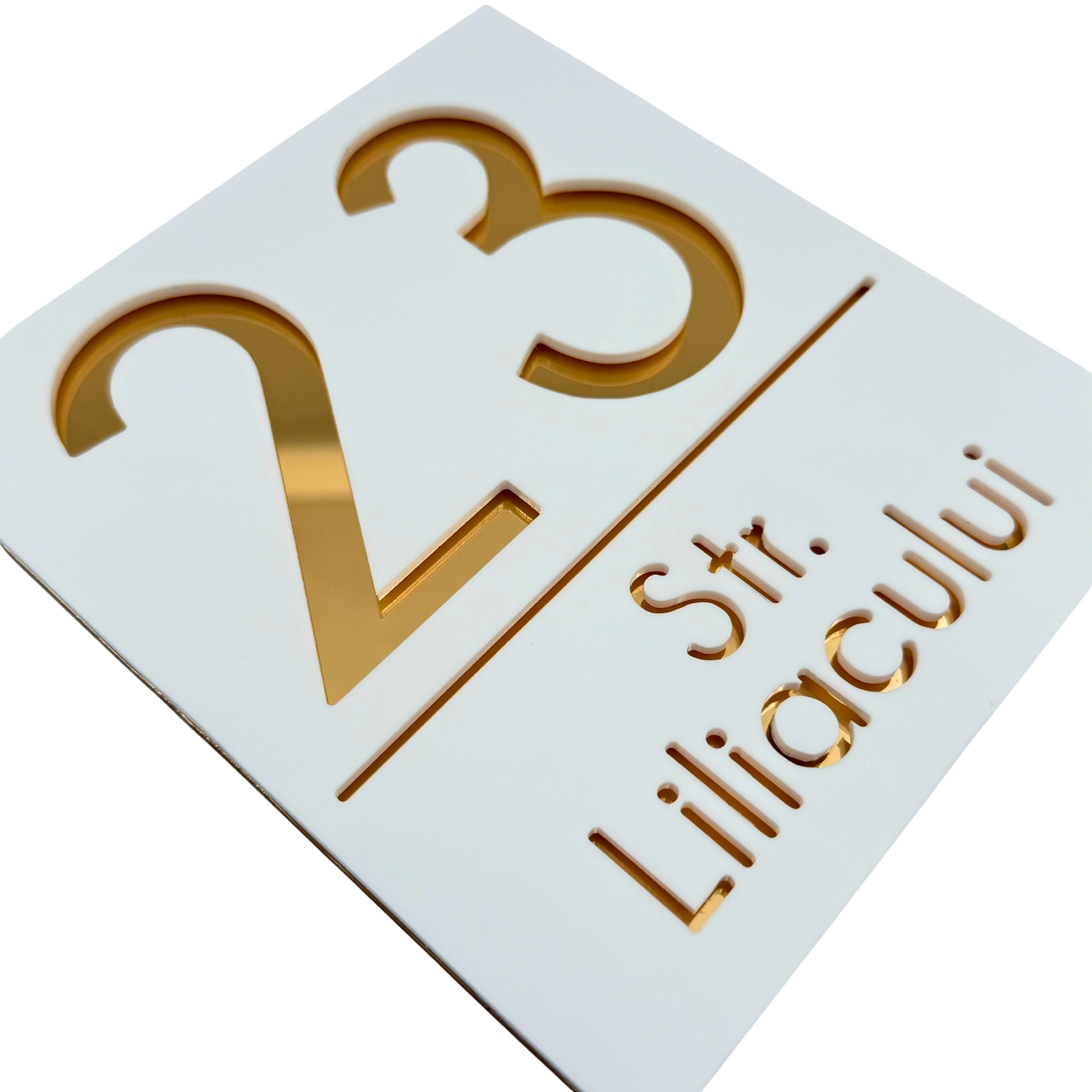 PREMIUM HOUSE NUMBER - White Satin Gold Mirror - 18×16 cm