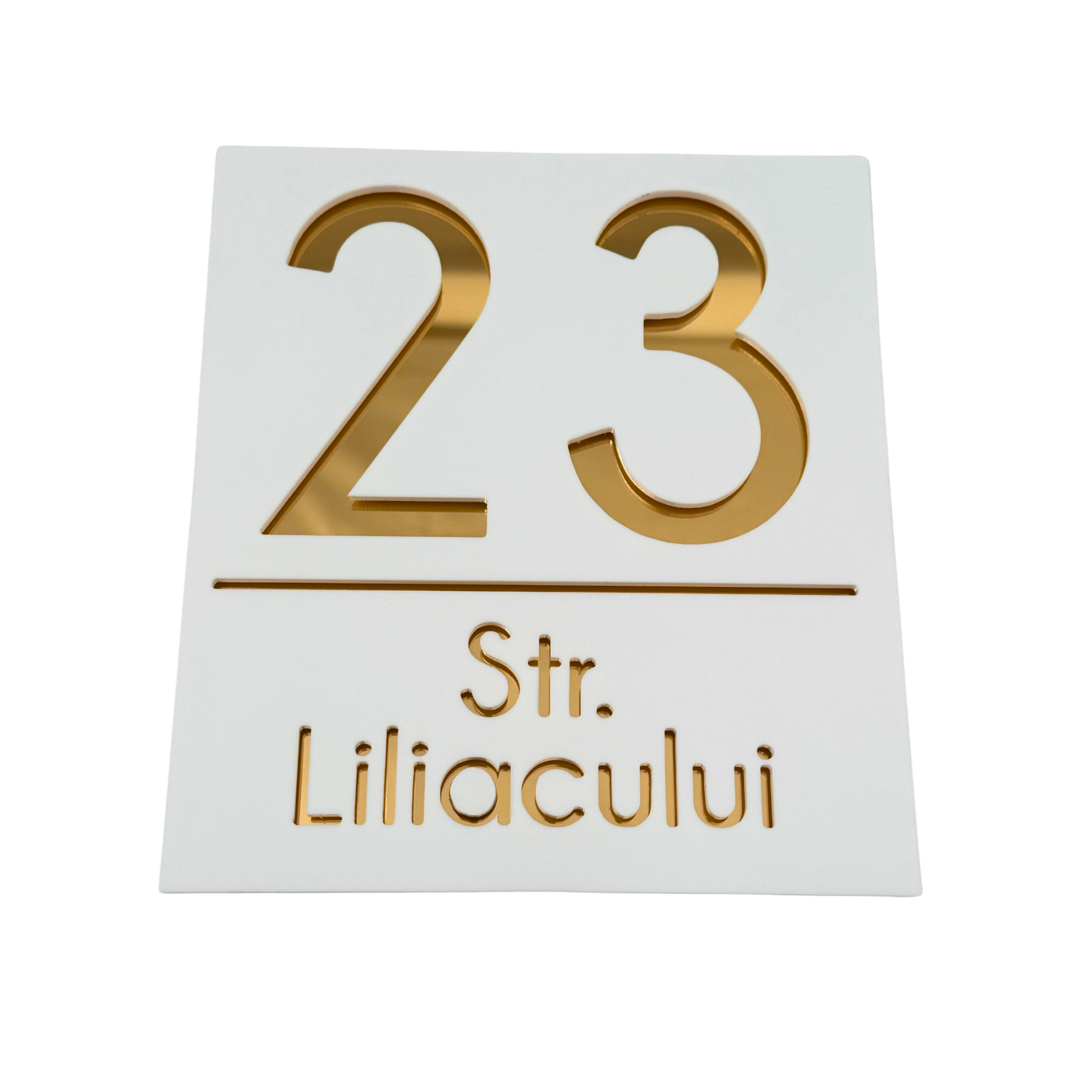 PREMIUM HOUSE NUMBER - White Satin Gold Mirror - 18×16 cm