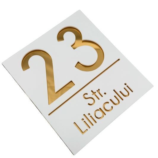 PREMIUM HOUSE NUMBER - White Satin Gold Mirror - 18×16 cm