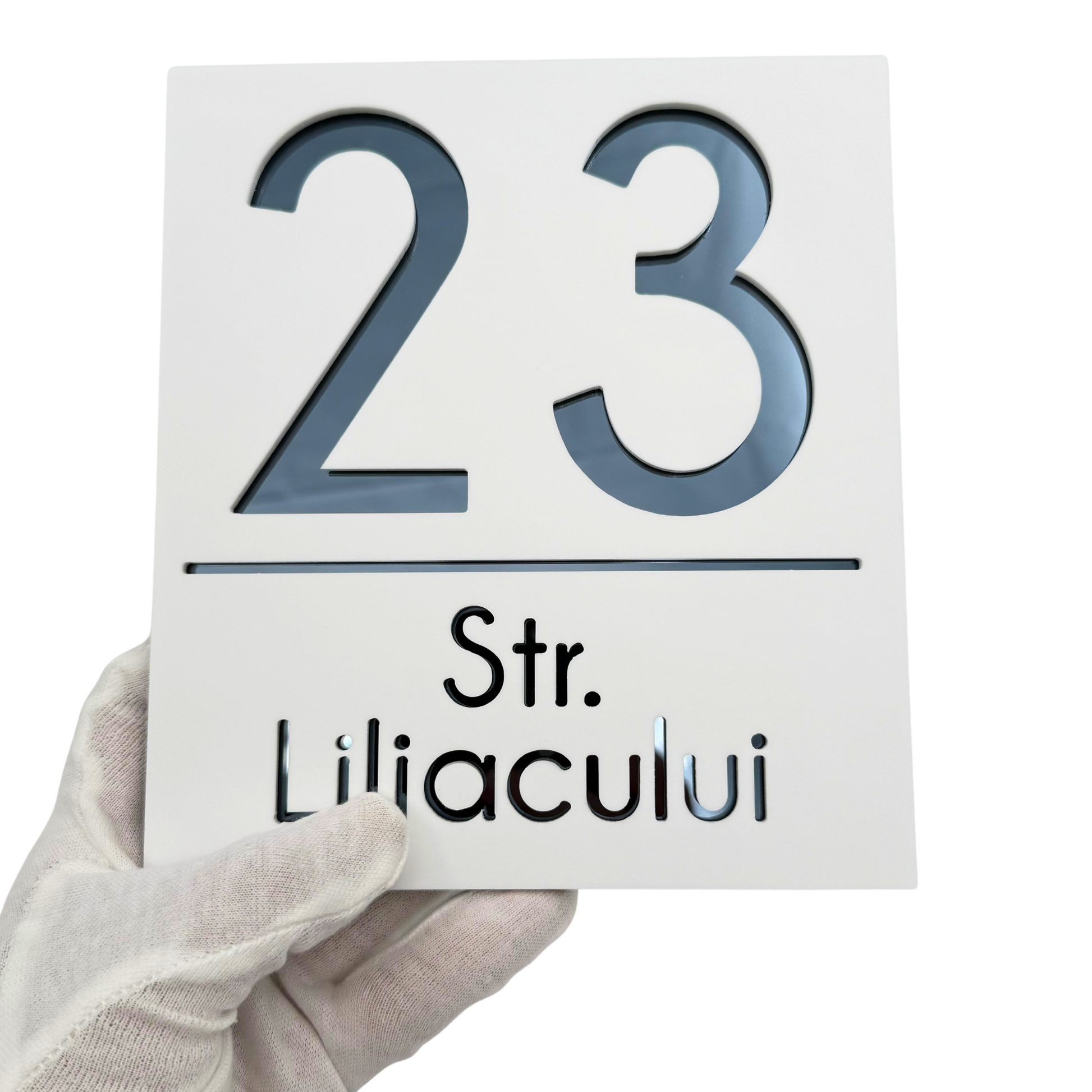 PREMIUM HOUSE NUMBER - White Satin Anthracite Grey Mirror - 18×16 cm
