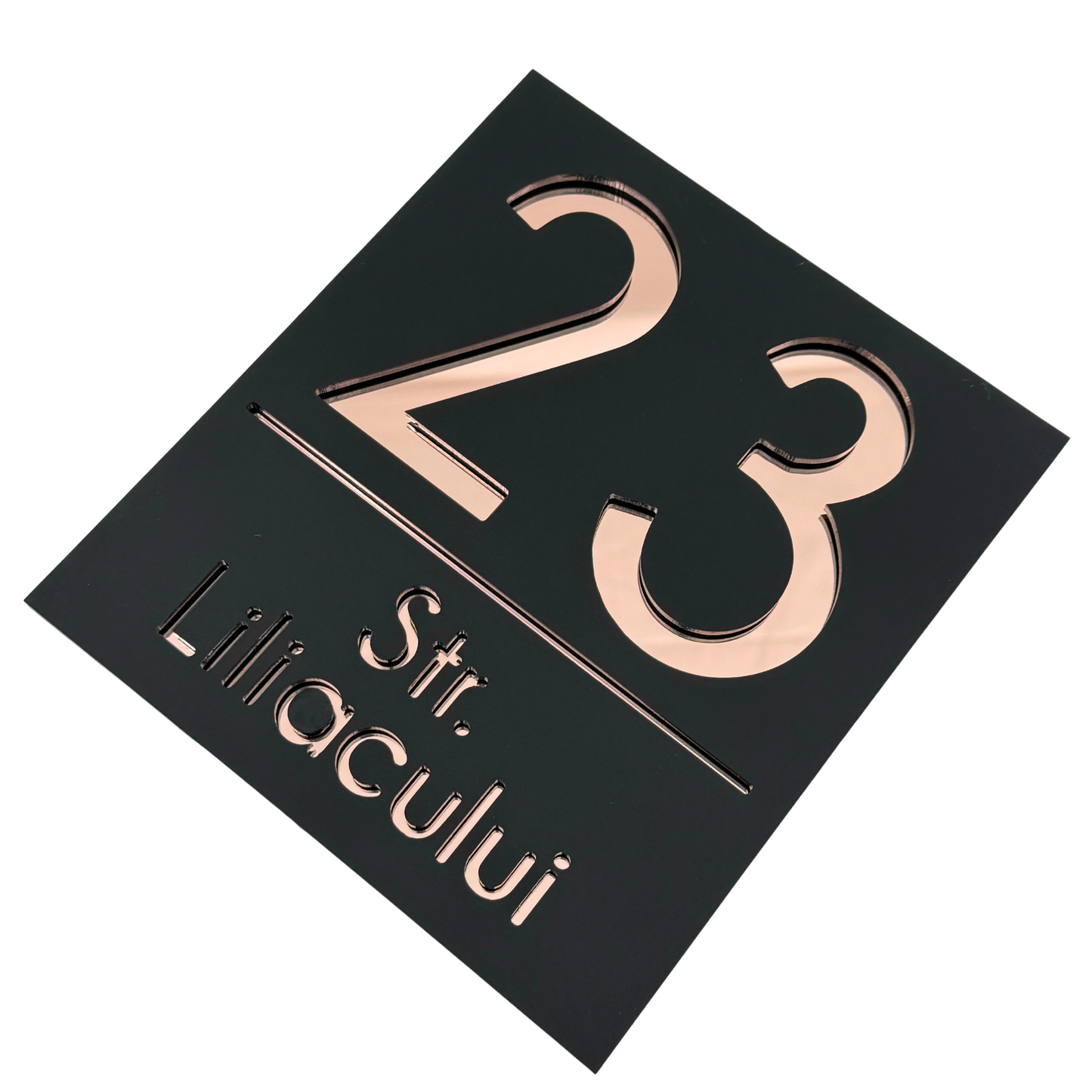 PREMIUM HOUSE NUMBER - Satin Black Rose Gold Mirror - 18×16 cm