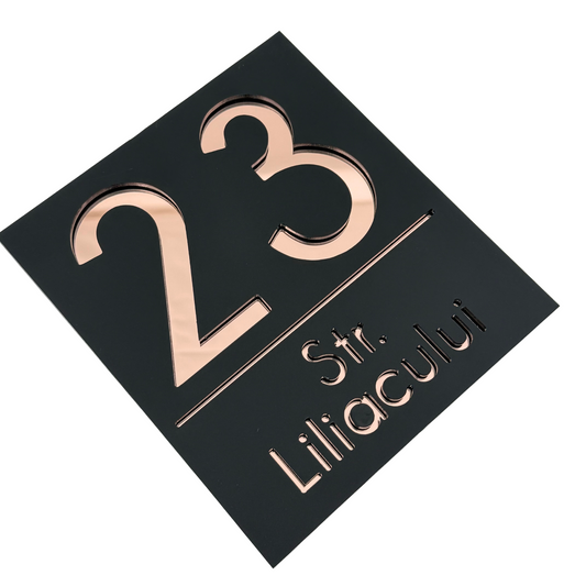 PREMIUM HOUSE NUMBER - Satin Black Rose Gold Mirror - 18×16 cm