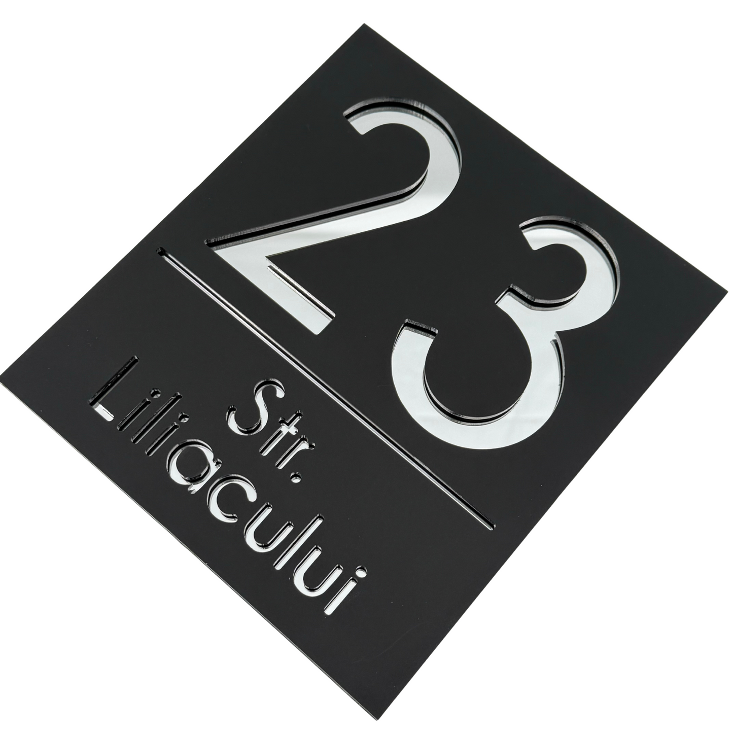 PREMIUM HOUSE NUMBER - Satin Black Silver Mirror - 18×16 cm