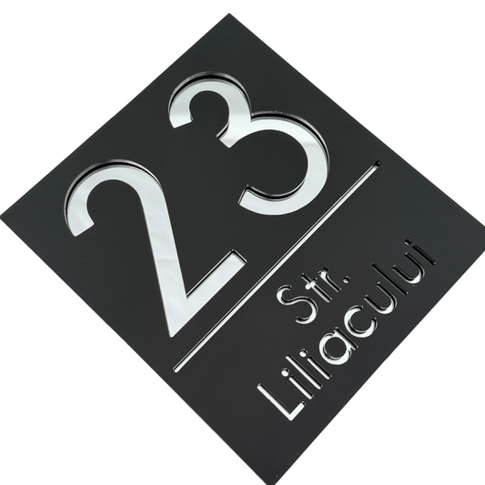 PREMIUM HOUSE NUMBER - Satin Black Silver Mirror - 18×16 cm