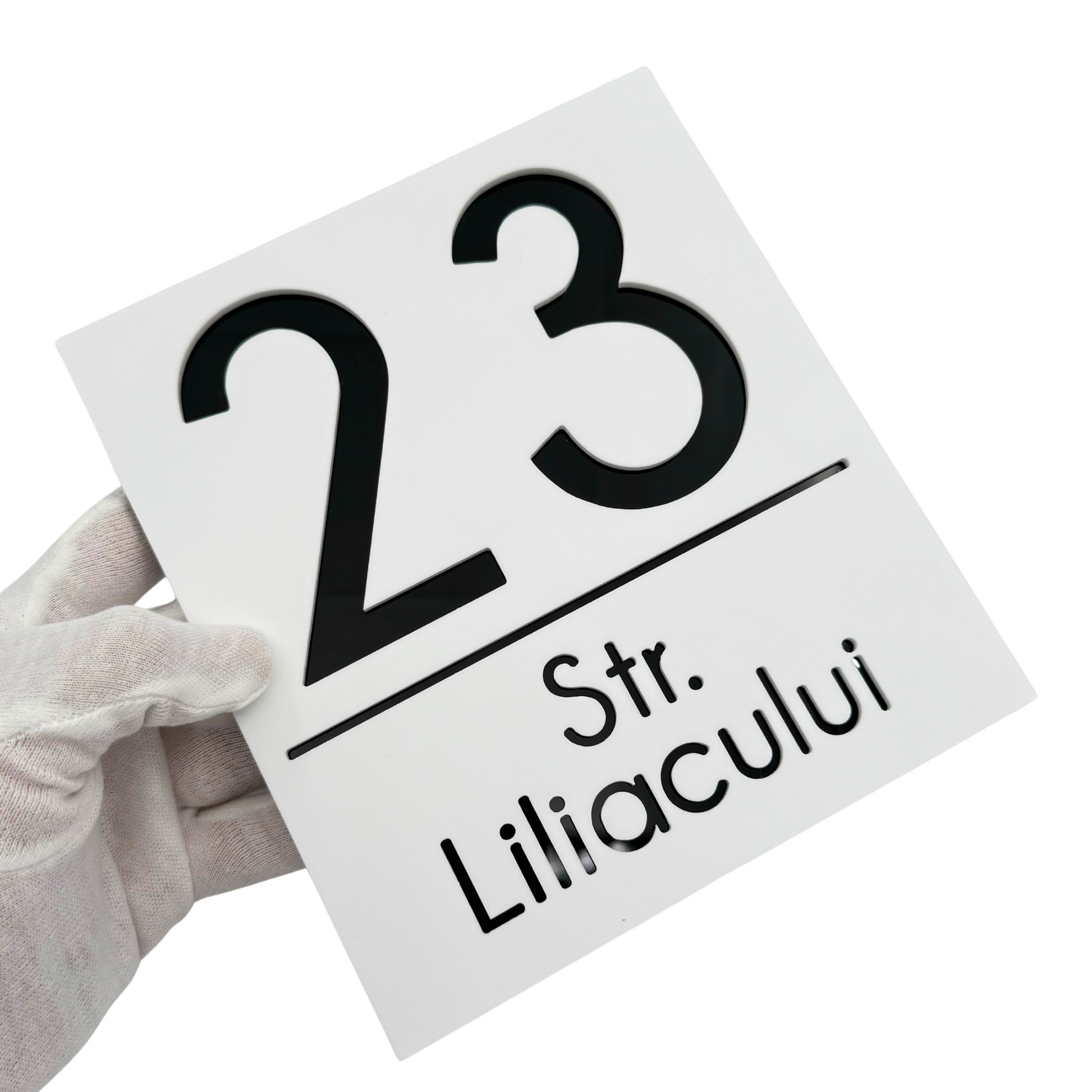 PREMIUM HOUSE NUMBER - White Satin Glossy Black - 18×16 cm