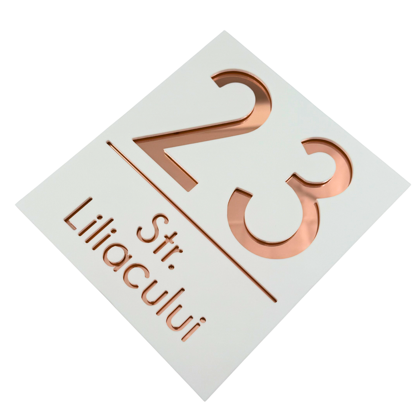 PREMIUM HOUSE NUMBER - White Satin Rose Gold Mirror - 18×16 cm