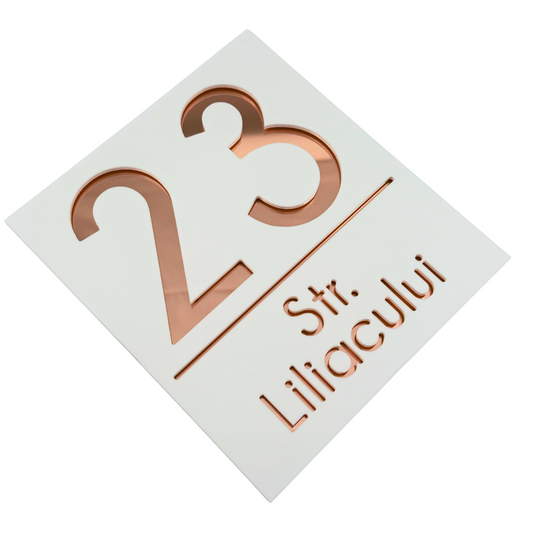 PREMIUM HOUSE NUMBER - White Satin Rose Gold Mirror - 18×16 cm