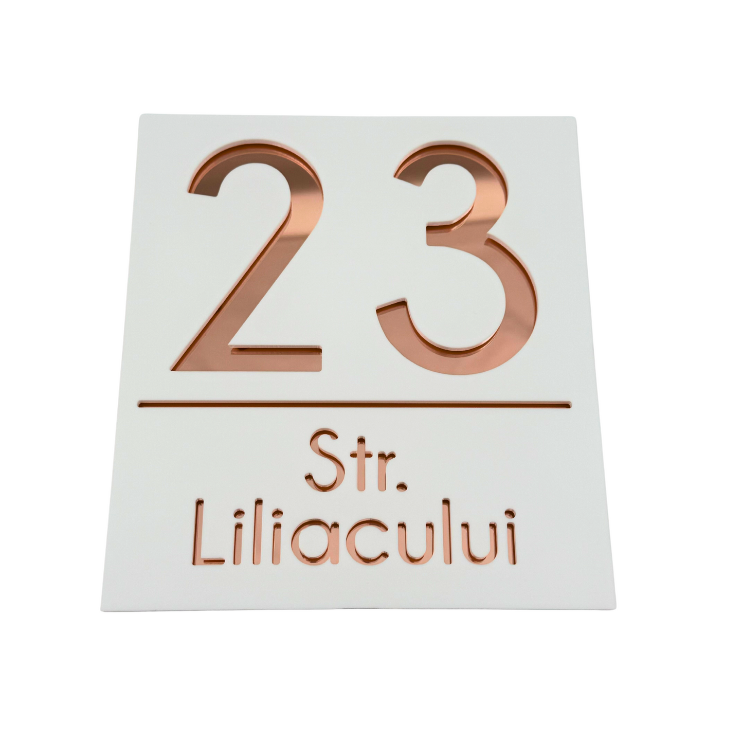 PREMIUM HOUSE NUMBER - White Satin Rose Gold Mirror - 18×16 cm