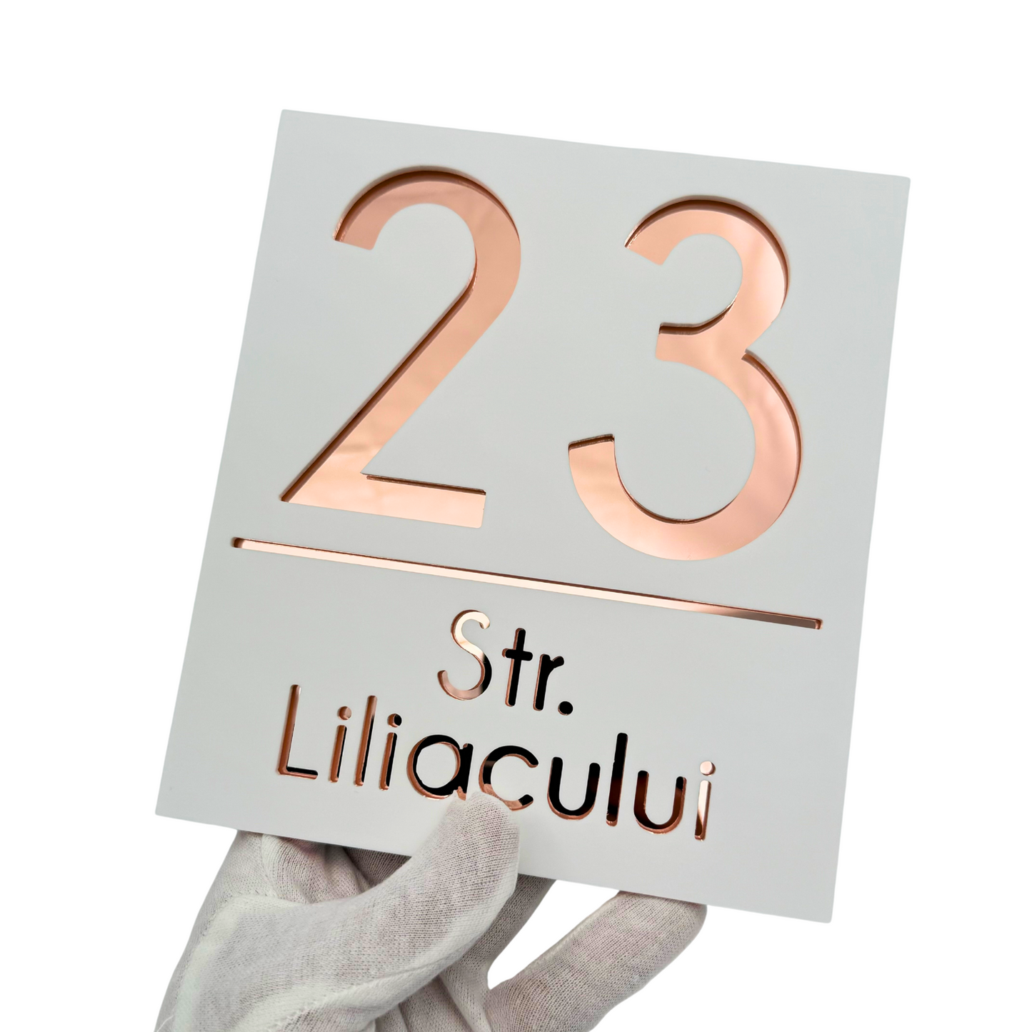 PREMIUM HOUSE NUMBER - White Satin Rose Gold Mirror - 18×16 cm