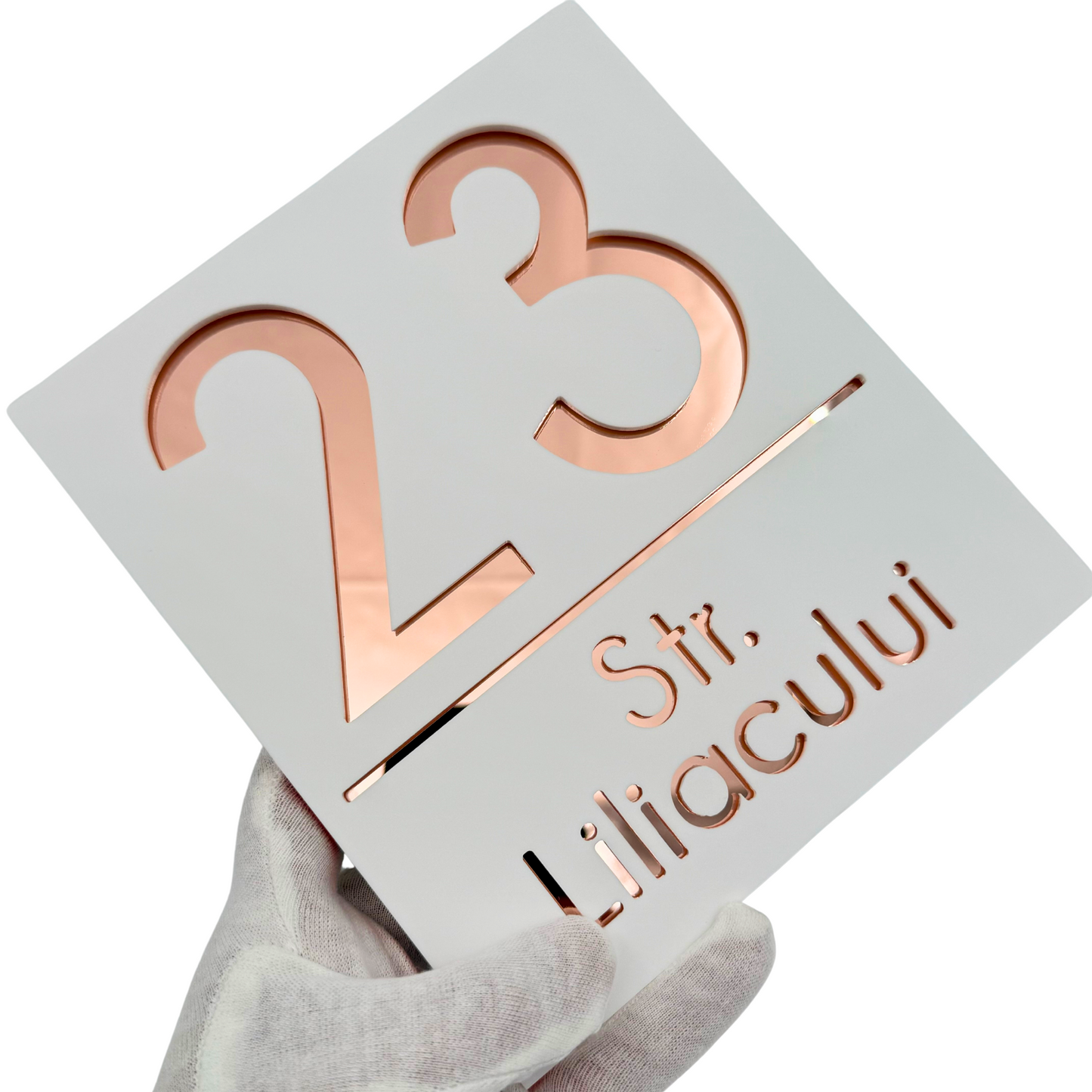 PREMIUM HOUSE NUMBER - White Satin Rose Gold Mirror - 18×16 cm
